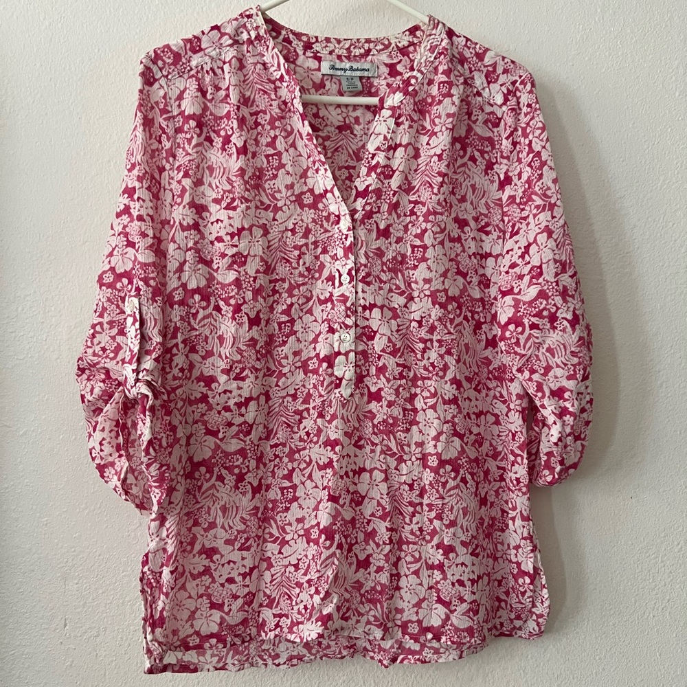 Tommy Bahama Pink and White Floral Henley Tunic
